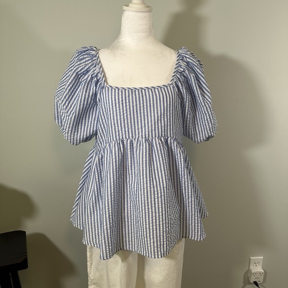 Ces Femme‎ Blue White Seersucker Peasant Blouse Babydoll Small Boho - Picture 1 of 9